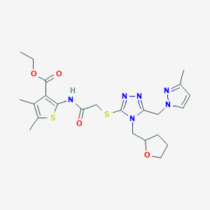 molecular formula C23H30N6O4S2 B10945157 ethyl 4,5-dimethyl-2-{[({5-[(3-methyl-1H-pyrazol-1-yl)methyl]-4-(tetrahydrofuran-2-ylmethyl)-4H-1,2,4-triazol-3-yl}sulfanyl)acetyl]amino}thiophene-3-carboxylate 