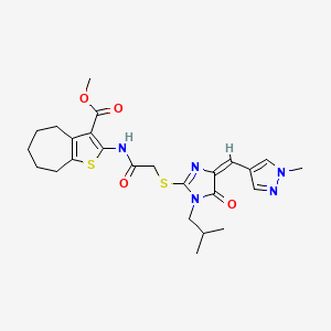 molecular formula C25H31N5O4S2 B10945238 methyl 2-{[({(4E)-1-(2-methylpropyl)-4-[(1-methyl-1H-pyrazol-4-yl)methylidene]-5-oxo-4,5-dihydro-1H-imidazol-2-yl}sulfanyl)acetyl]amino}-5,6,7,8-tetrahydro-4H-cyclohepta[b]thiophene-3-carboxylate 