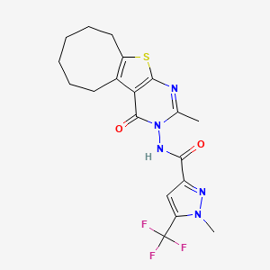 molecular formula C19H20F3N5O2S B10945259 1-Methyl-N~3~-[2-methyl-4-oxo-5,6,7,8,9,10-hexahydrocycloocta[4,5]thieno[2,3-D]pyrimidin-3(4H)-YL]-5-(trifluoromethyl)-1H-pyrazole-3-carboxamide 