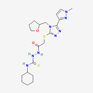 molecular formula C20H30N8O2S2 B10945406 N-cyclohexyl-2-({[5-(1-methyl-1H-pyrazol-3-yl)-4-(tetrahydrofuran-2-ylmethyl)-4H-1,2,4-triazol-3-yl]sulfanyl}acetyl)hydrazinecarbothioamide 