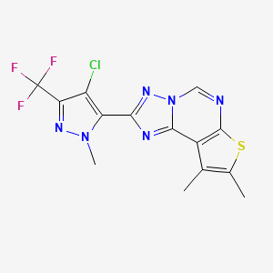 molecular formula C14H10ClF3N6S B10945784 2-[4-chloro-1-methyl-3-(trifluoromethyl)-1H-pyrazol-5-yl]-8,9-dimethylthieno[3,2-e][1,2,4]triazolo[1,5-c]pyrimidine 