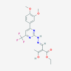 ethyl (2Z)-2-[(E)-{2-[4-(3,4-dimethoxyphenyl)-6-(trifluoromethyl)pyrimidin-2-yl]hydrazinylidene}methyl]-3-hydroxybut-2-enoate