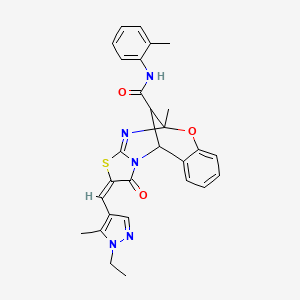 molecular formula C28H27N5O3S B10946054 (2E)-2-[(1-Ethyl-5-methyl-1H-pyrazol-4-YL)methylene]-5-methyl-N-(2-methylphenyl)-1-oxo-1,2-dihydro-5H,11H-5,11-methano[1,3]thiazolo[2,3-D][1,3,5]benzoxadiazocine-13-carboxamide 