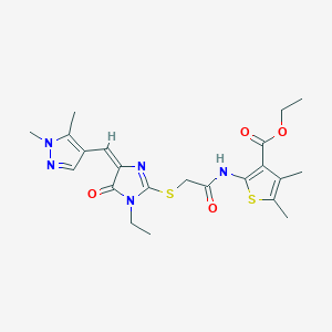 molecular formula C22H27N5O4S2 B10946057 ethyl 2-{[({(4E)-4-[(1,5-dimethyl-1H-pyrazol-4-yl)methylidene]-1-ethyl-5-oxo-4,5-dihydro-1H-imidazol-2-yl}sulfanyl)acetyl]amino}-4,5-dimethylthiophene-3-carboxylate 