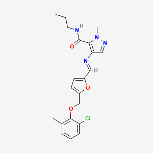 molecular formula C21H23ClN4O3 B10946278 4-{[(E)-{5-[(2-chloro-6-methylphenoxy)methyl]furan-2-yl}methylidene]amino}-1-methyl-N-propyl-1H-pyrazole-5-carboxamide 