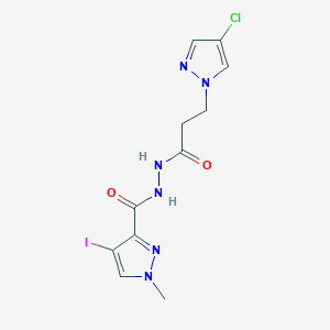 molecular formula C11H12ClIN6O2 B10946306 N'-[3-(4-chloro-1H-pyrazol-1-yl)propanoyl]-4-iodo-1-methyl-1H-pyrazole-3-carbohydrazide 