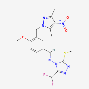 molecular formula C18H19F2N7O3S B10946315 3-(difluoromethyl)-N-[(E)-{3-[(3,5-dimethyl-4-nitro-1H-pyrazol-1-yl)methyl]-4-methoxyphenyl}methylidene]-5-(methylsulfanyl)-4H-1,2,4-triazol-4-amine 