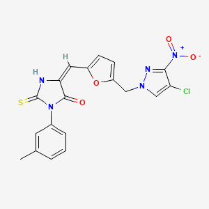 (5E)-5-({5-[(4-chloro-3-nitro-1H-pyrazol-1-yl)methyl]furan-2-yl}methylidene)-3-(3-methylphenyl)-2-sulfanyl-3,5-dihydro-4H-imidazol-4-one