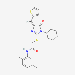 molecular formula C24H27N3O2S2 B10946414 2-{[(4E)-1-cyclohexyl-5-oxo-4-(thiophen-2-ylmethylidene)-4,5-dihydro-1H-imidazol-2-yl]sulfanyl}-N-(2,5-dimethylphenyl)acetamide 