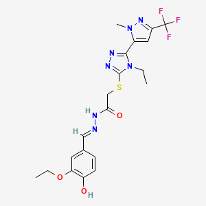 molecular formula C20H22F3N7O3S B10946519 N'-[(E)-(3-ethoxy-4-hydroxyphenyl)methylidene]-2-({4-ethyl-5-[1-methyl-3-(trifluoromethyl)-1H-pyrazol-5-yl]-4H-1,2,4-triazol-3-yl}sulfanyl)acetohydrazide 