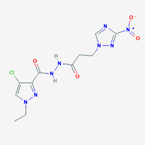 4-chloro-1-ethyl-N'-[3-(3-nitro-1H-1,2,4-triazol-1-yl)propanoyl]-1H-pyrazole-3-carbohydrazide