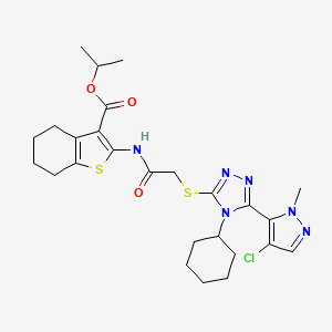 molecular formula C26H33ClN6O3S2 B10946801 propan-2-yl 2-[({[5-(4-chloro-1-methyl-1H-pyrazol-5-yl)-4-cyclohexyl-4H-1,2,4-triazol-3-yl]sulfanyl}acetyl)amino]-4,5,6,7-tetrahydro-1-benzothiophene-3-carboxylate 