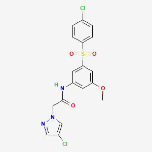 molecular formula C18H15Cl2N3O4S B10947325 N-{3-[(4-chlorophenyl)sulfonyl]-5-methoxyphenyl}-2-(4-chloro-1H-pyrazol-1-yl)acetamide 