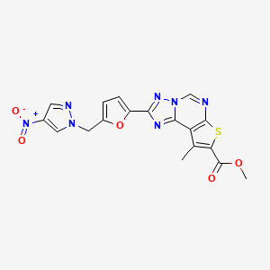 molecular formula C18H13N7O5S B10947403 Methyl 9-methyl-2-{5-[(4-nitro-1H-pyrazol-1-YL)methyl]-2-furyl}thieno[3,2-E][1,2,4]triazolo[1,5-C]pyrimidine-8-carboxylate 