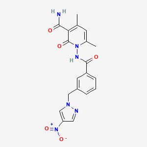 molecular formula C19H18N6O5 B10947581 4,6-dimethyl-1-[({3-[(4-nitro-1H-pyrazol-1-yl)methyl]phenyl}carbonyl)amino]-2-oxo-1,2-dihydropyridine-3-carboxamide 