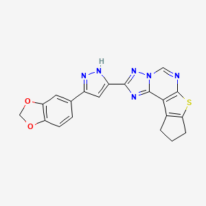 molecular formula C20H14N6O2S B10947617 2-[5-(1,3-benzodioxol-5-yl)-1H-pyrazol-3-yl]-9,10-dihydro-8H-cyclopenta[4,5]thieno[3,2-e][1,2,4]triazolo[1,5-c]pyrimidine 