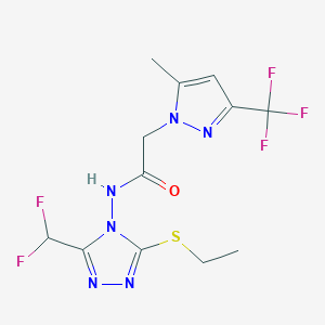 molecular formula C12H13F5N6OS B10947717 N-[3-(difluoromethyl)-5-(ethylsulfanyl)-4H-1,2,4-triazol-4-yl]-2-[5-methyl-3-(trifluoromethyl)-1H-pyrazol-1-yl]acetamide 