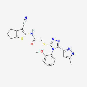 molecular formula C24H23N7O2S2 B10948480 N-(3-cyano-5,6-dihydro-4H-cyclopenta[b]thiophen-2-yl)-2-{[5-(1,5-dimethyl-1H-pyrazol-3-yl)-4-(2-methoxyphenyl)-4H-1,2,4-triazol-3-yl]sulfanyl}acetamide 