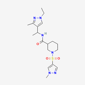 molecular formula C18H28N6O3S B10948698 N-[1-(1-ethyl-3-methyl-1H-pyrazol-4-yl)ethyl]-1-[(1-methyl-1H-pyrazol-4-yl)sulfonyl]piperidine-3-carboxamide 