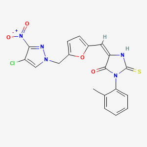 (5E)-5-({5-[(4-chloro-3-nitro-1H-pyrazol-1-yl)methyl]furan-2-yl}methylidene)-3-(2-methylphenyl)-2-sulfanyl-3,5-dihydro-4H-imidazol-4-one