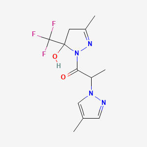 molecular formula C12H15F3N4O2 B10948781 1-[5-hydroxy-3-methyl-5-(trifluoromethyl)-4,5-dihydro-1H-pyrazol-1-yl]-2-(4-methyl-1H-pyrazol-1-yl)propan-1-one 