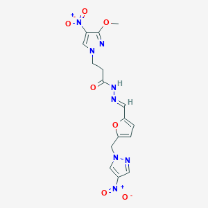 molecular formula C16H16N8O7 B10949087 3-(3-methoxy-4-nitro-1H-pyrazol-1-yl)-N'-[(E)-{5-[(4-nitro-1H-pyrazol-1-yl)methyl]furan-2-yl}methylidene]propanehydrazide 