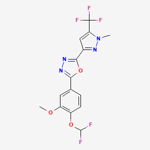 molecular formula C15H11F5N4O3 B10949123 2-[4-(difluoromethoxy)-3-methoxyphenyl]-5-[1-methyl-5-(trifluoromethyl)-1H-pyrazol-3-yl]-1,3,4-oxadiazole 