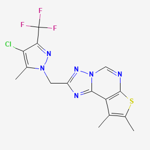 molecular formula C15H12ClF3N6S B10949357 2-{[4-chloro-5-methyl-3-(trifluoromethyl)-1H-pyrazol-1-yl]methyl}-8,9-dimethylthieno[3,2-e][1,2,4]triazolo[1,5-c]pyrimidine 