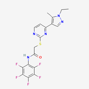 molecular formula C18H14F5N5OS B10949429 2-{[4-(1-ethyl-5-methyl-1H-pyrazol-4-yl)pyrimidin-2-yl]sulfanyl}-N-(pentafluorophenyl)acetamide 