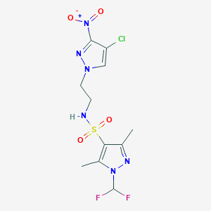 molecular formula C11H13ClF2N6O4S B10949473 N-[2-(4-chloro-3-nitro-1H-pyrazol-1-yl)ethyl]-1-(difluoromethyl)-3,5-dimethyl-1H-pyrazole-4-sulfonamide 