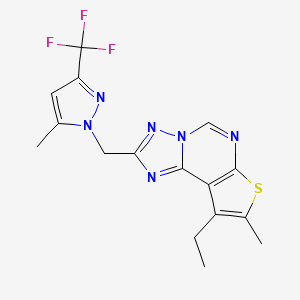 molecular formula C16H15F3N6S B10949934 9-ethyl-8-methyl-2-{[5-methyl-3-(trifluoromethyl)-1H-pyrazol-1-yl]methyl}thieno[3,2-e][1,2,4]triazolo[1,5-c]pyrimidine 