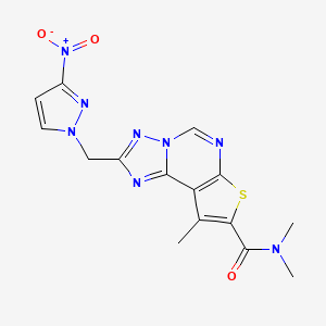 molecular formula C15H14N8O3S B10950069 N,N,9-trimethyl-2-[(3-nitro-1H-pyrazol-1-yl)methyl]thieno[3,2-e][1,2,4]triazolo[1,5-c]pyrimidine-8-carboxamide 