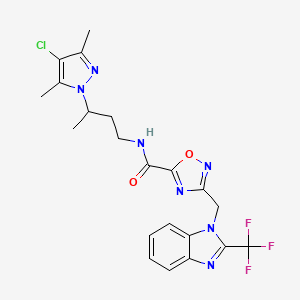 molecular formula C21H21ClF3N7O2 B10950302 N-[3-(4-chloro-3,5-dimethyl-1H-pyrazol-1-yl)butyl]-3-{[2-(trifluoromethyl)-1H-benzimidazol-1-yl]methyl}-1,2,4-oxadiazole-5-carboxamide 