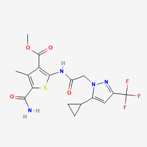 molecular formula C17H17F3N4O4S B10950454 methyl 5-carbamoyl-2-({[5-cyclopropyl-3-(trifluoromethyl)-1H-pyrazol-1-yl]acetyl}amino)-4-methylthiophene-3-carboxylate 