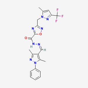 molecular formula C21H19F3N8O2 B10950818 N'-[(Z)-(3,5-dimethyl-1-phenyl-1H-pyrazol-4-yl)methylidene]-3-{[5-methyl-3-(trifluoromethyl)-1H-pyrazol-1-yl]methyl}-1,2,4-oxadiazole-5-carbohydrazide 