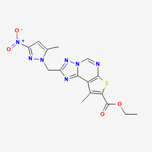 molecular formula C16H15N7O4S B10951020 ethyl 9-methyl-2-[(5-methyl-3-nitro-1H-pyrazol-1-yl)methyl]thieno[3,2-e][1,2,4]triazolo[1,5-c]pyrimidine-8-carboxylate 