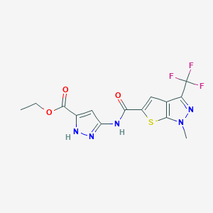 molecular formula C14H12F3N5O3S B10951420 ethyl 5-({[1-methyl-3-(trifluoromethyl)-1H-thieno[2,3-c]pyrazol-5-yl]carbonyl}amino)-1H-pyrazole-3-carboxylate 