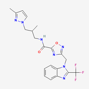 molecular formula C20H20F3N7O2 B10951484 N-[2-methyl-3-(3-methyl-1H-pyrazol-1-yl)propyl]-3-{[2-(trifluoromethyl)-1H-benzimidazol-1-yl]methyl}-1,2,4-oxadiazole-5-carboxamide 