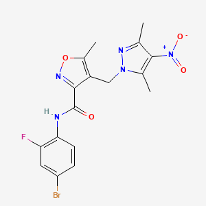 molecular formula C17H15BrFN5O4 B10951523 N-(4-bromo-2-fluorophenyl)-4-[(3,5-dimethyl-4-nitro-1H-pyrazol-1-yl)methyl]-5-methyl-1,2-oxazole-3-carboxamide 