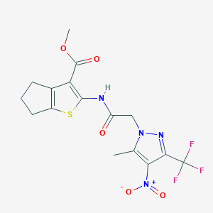 molecular formula C16H15F3N4O5S B10951691 methyl 2-({[5-methyl-4-nitro-3-(trifluoromethyl)-1H-pyrazol-1-yl]acetyl}amino)-5,6-dihydro-4H-cyclopenta[b]thiophene-3-carboxylate 