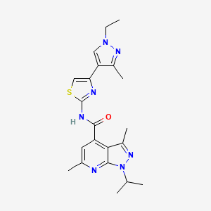 molecular formula C21H25N7OS B10951886 N-[4-(1-ethyl-3-methyl-1H-pyrazol-4-yl)-1,3-thiazol-2-yl]-3,6-dimethyl-1-(propan-2-yl)-1H-pyrazolo[3,4-b]pyridine-4-carboxamide 