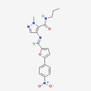 molecular formula C19H19N5O4 B10951976 1-methyl-4-({(E)-[5-(4-nitrophenyl)furan-2-yl]methylidene}amino)-N-propyl-1H-pyrazole-5-carboxamide 