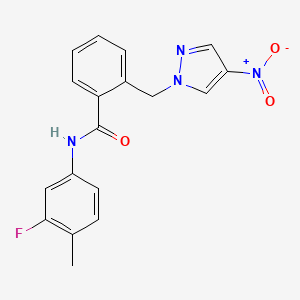 molecular formula C18H15FN4O3 B10952467 N-(3-fluoro-4-methylphenyl)-2-[(4-nitro-1H-pyrazol-1-yl)methyl]benzamide 