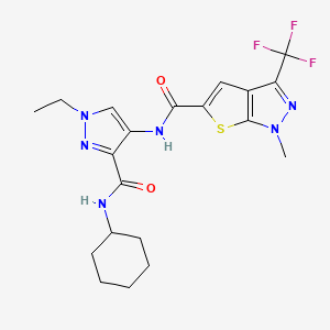 molecular formula C20H23F3N6O2S B10952945 N-[3-(cyclohexylcarbamoyl)-1-ethyl-1H-pyrazol-4-yl]-1-methyl-3-(trifluoromethyl)-1H-thieno[2,3-c]pyrazole-5-carboxamide 