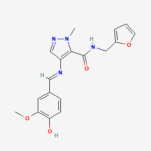 molecular formula C18H18N4O4 B10953111 N-(furan-2-ylmethyl)-4-{[(E)-(4-hydroxy-3-methoxyphenyl)methylidene]amino}-1-methyl-1H-pyrazole-5-carboxamide 