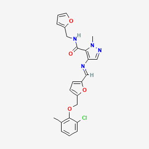 4-{[(E)-{5-[(2-chloro-6-methylphenoxy)methyl]furan-2-yl}methylidene]amino}-N-(furan-2-ylmethyl)-1-methyl-1H-pyrazole-5-carboxamide