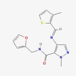 molecular formula C16H16N4O2S B10953196 N-(furan-2-ylmethyl)-1-methyl-4-{[(E)-(3-methylthiophen-2-yl)methylidene]amino}-1H-pyrazole-5-carboxamide 