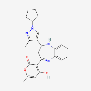 molecular formula C24H26N4O3 B10953207 (3E)-3-[4-(1-cyclopentyl-3-methyl-1H-pyrazol-4-yl)-1,3,4,5-tetrahydro-2H-1,5-benzodiazepin-2-ylidene]-6-methyl-2H-pyran-2,4(3H)-dione 