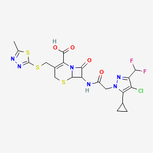 molecular formula C20H19ClF2N6O4S3 B10953296 7-({[4-chloro-5-cyclopropyl-3-(difluoromethyl)-1H-pyrazol-1-yl]acetyl}amino)-3-{[(5-methyl-1,3,4-thiadiazol-2-yl)sulfanyl]methyl}-8-oxo-5-thia-1-azabicyclo[4.2.0]oct-2-ene-2-carboxylic acid 