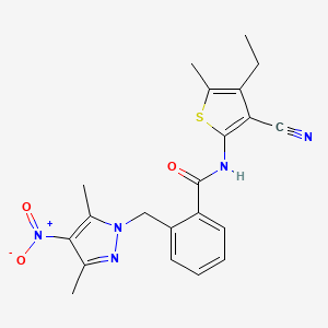 molecular formula C21H21N5O3S B10953340 N-(3-cyano-4-ethyl-5-methylthiophen-2-yl)-2-[(3,5-dimethyl-4-nitro-1H-pyrazol-1-yl)methyl]benzamide 